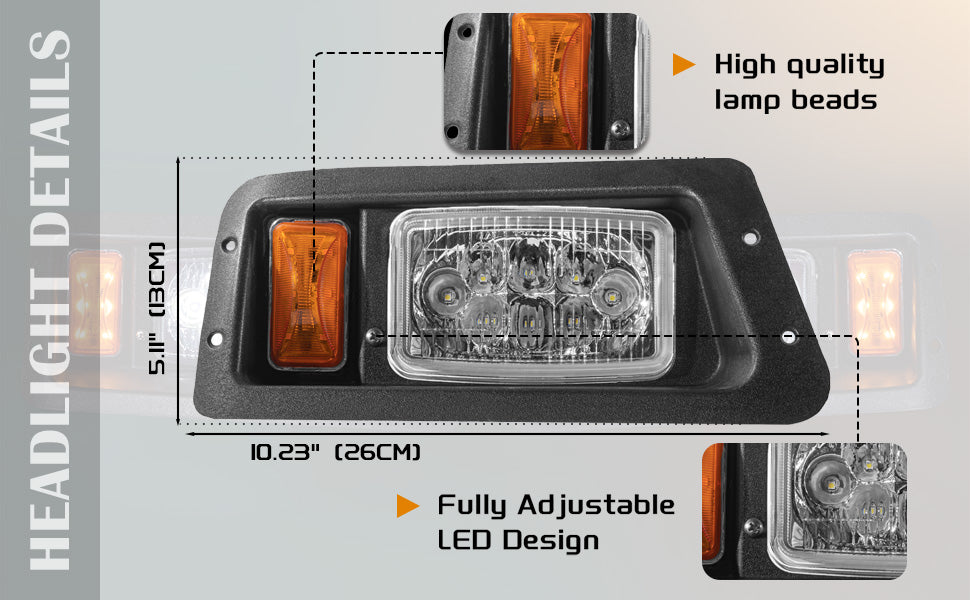 VPAHub Golf Cart Adjustable Light Kit (12V-48V) Fits Yamaha G14, G16, G19 G22, 2 LED headlight, 2 LED taillight, 1 Basic wiring harness Instruction & hardware includedh, Horn, Steering wheel cover