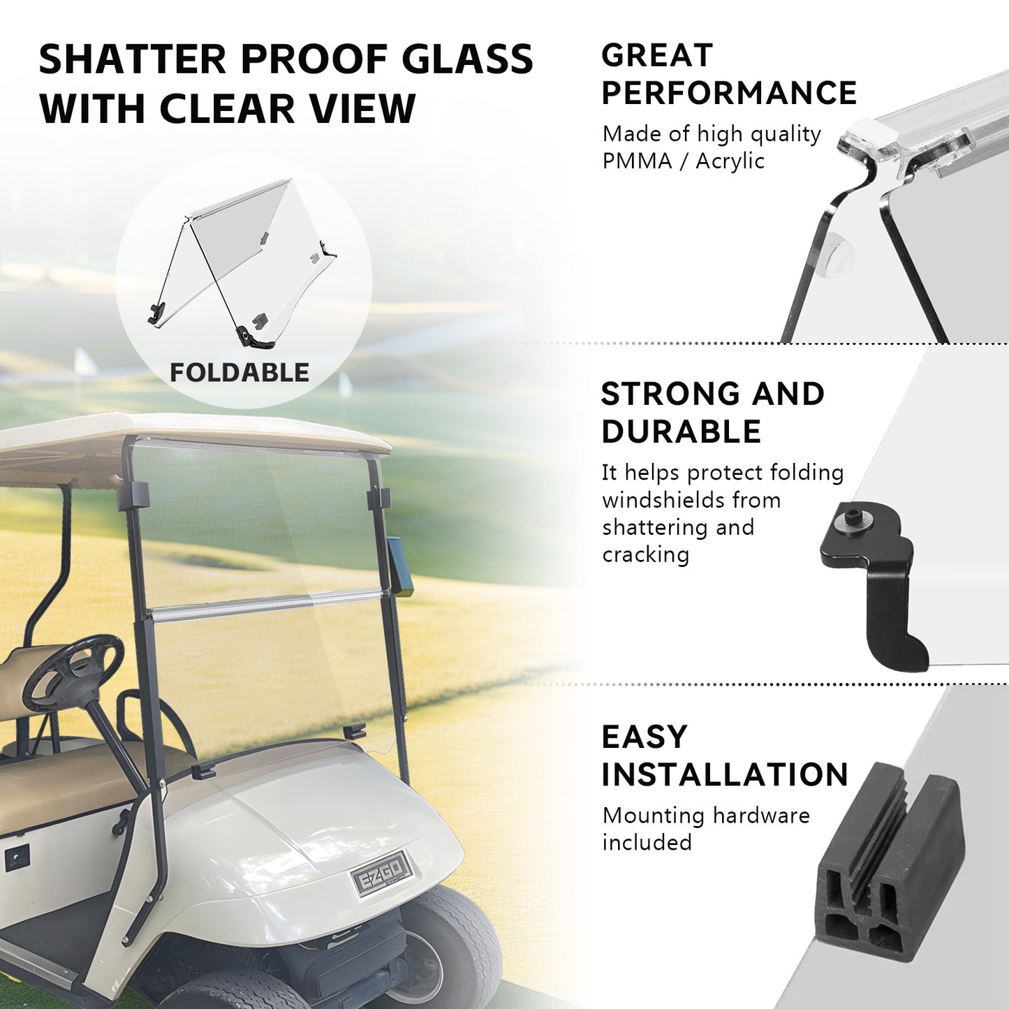 VPAHub EZGO TXT Pre 2013 Clear Golf Cart Windshield, Foldable and Thick Acrylic, Fits EZGO TXT 1995-2013