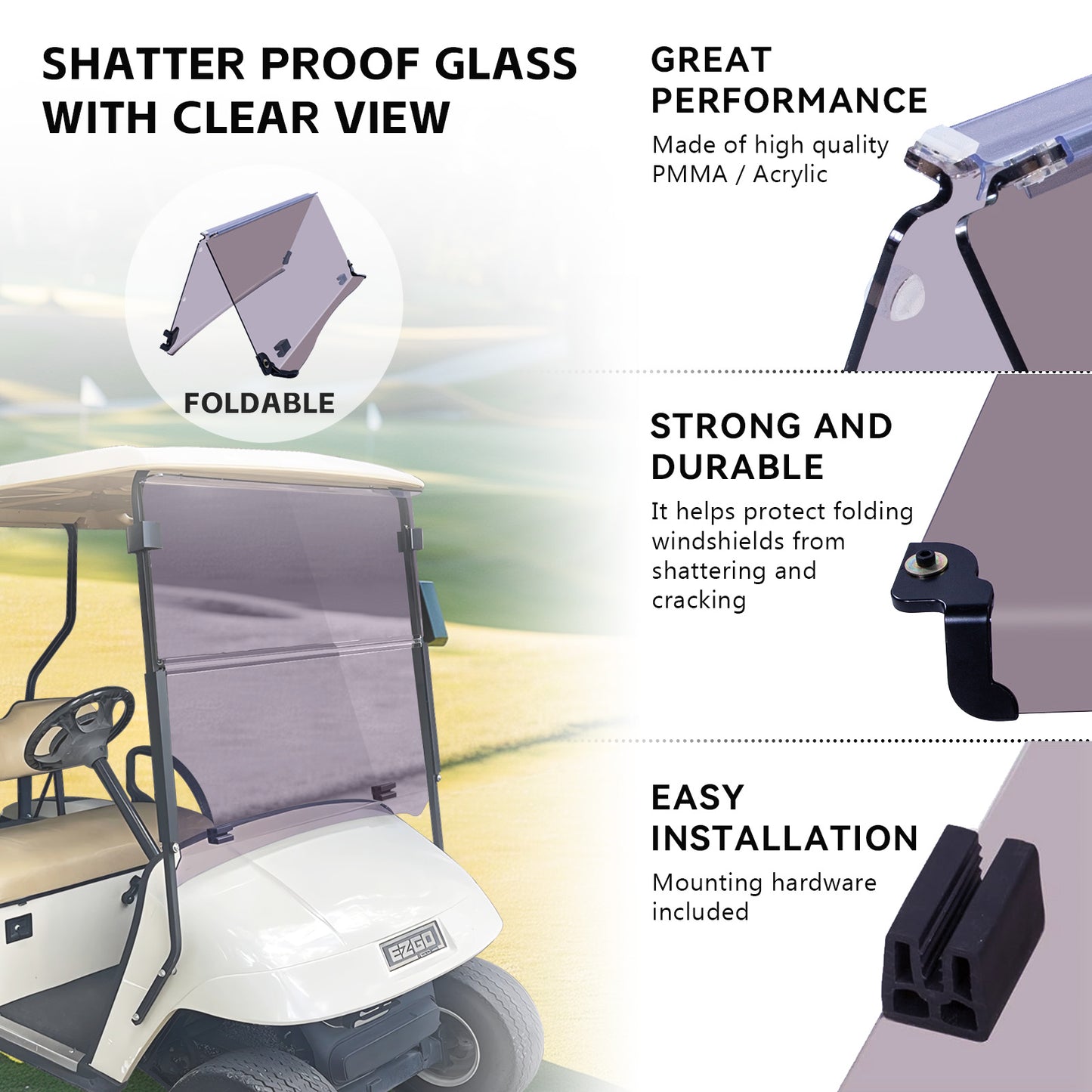 VPAHub EZGO TXT Pre 2013 Tinted Golf Cart Windshield, Foldable and Thick Acrylic, Fits EZGO TXT 1995-2013
