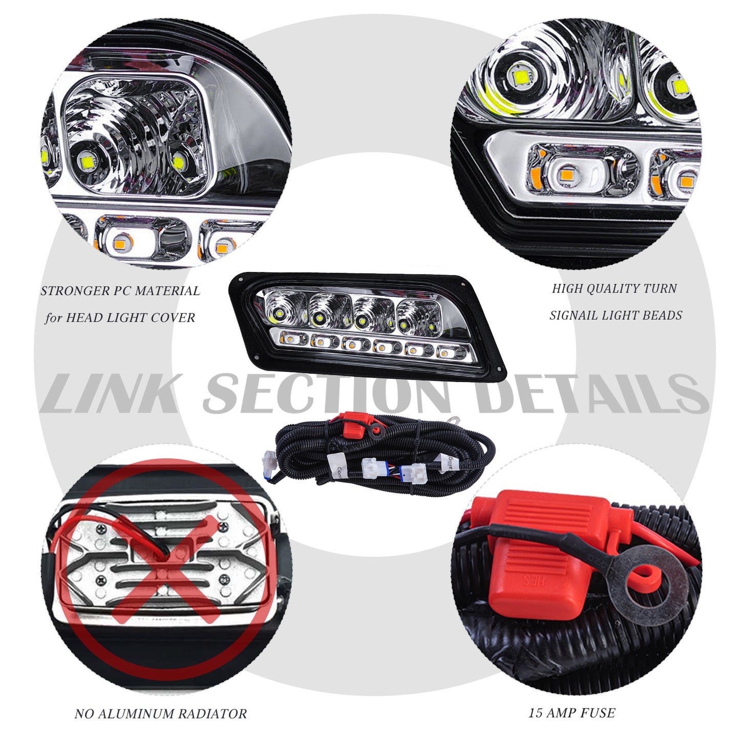 VPAHub Club Car Tempo LED Street Legal Light Kit 48V, LED High Low Beam headlight (OEM style), taillight, Upgraded wiring harness, Deluxe turn signal switch, Steering wheel cover, Brake pad switch