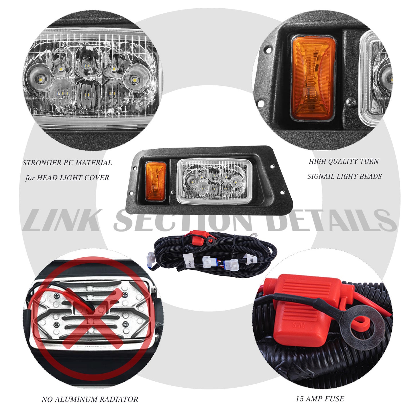 VPAHub Golf Cart Adjustable Light Kit (12V-48V) Fits Yamaha G14, G16, G19 G22, 2 LED headlight, 2 LED taillight, 1 Basic wiring harness Instruction & hardware includedh, Horn, Steering wheel cover