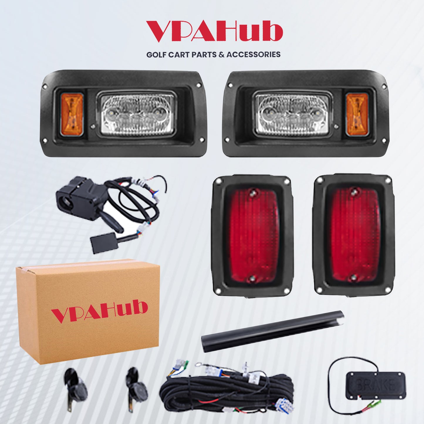 VPAHub Club Car DS LED Street Legal Light kit 48V, High Low Beam headlight, taillight, Upgraded wiring harness, Deluxe turn signal switch, Horn, Steering wheel cover, Brake pad switch