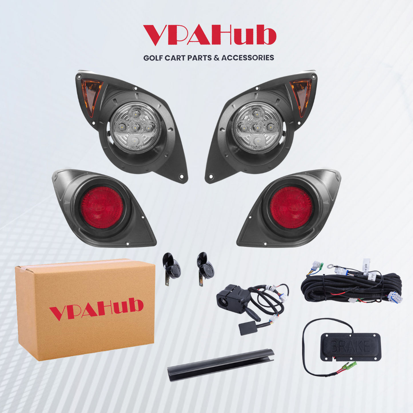 VPAHub Golf Cart Street Legal Light Kit (12V) Fit for Yamaha Drive(G29),LED High Low Beam headlight, LED taillight, Wiring harness, Deluxe turn signal switch, Horn, Wheel cover, Brake pad switch