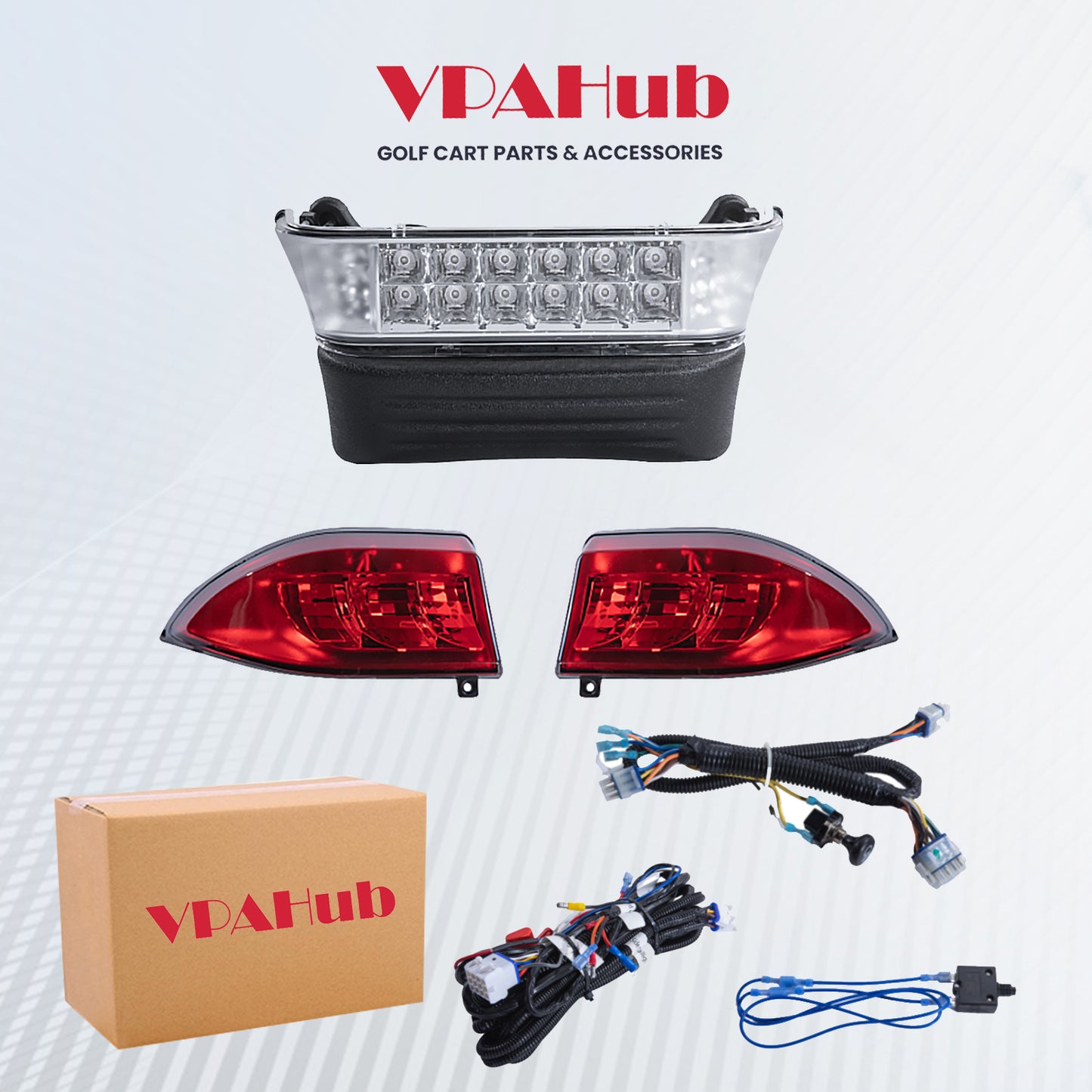 VPAHub Club Car Precedent LED Basic Light Kit -08 up 48V, 1 LED Headlight with bumper, 2 LED taillight, 1 bucket harness, 1 basic wire harness, 1 Fuse wire harness, instruction & hardware included