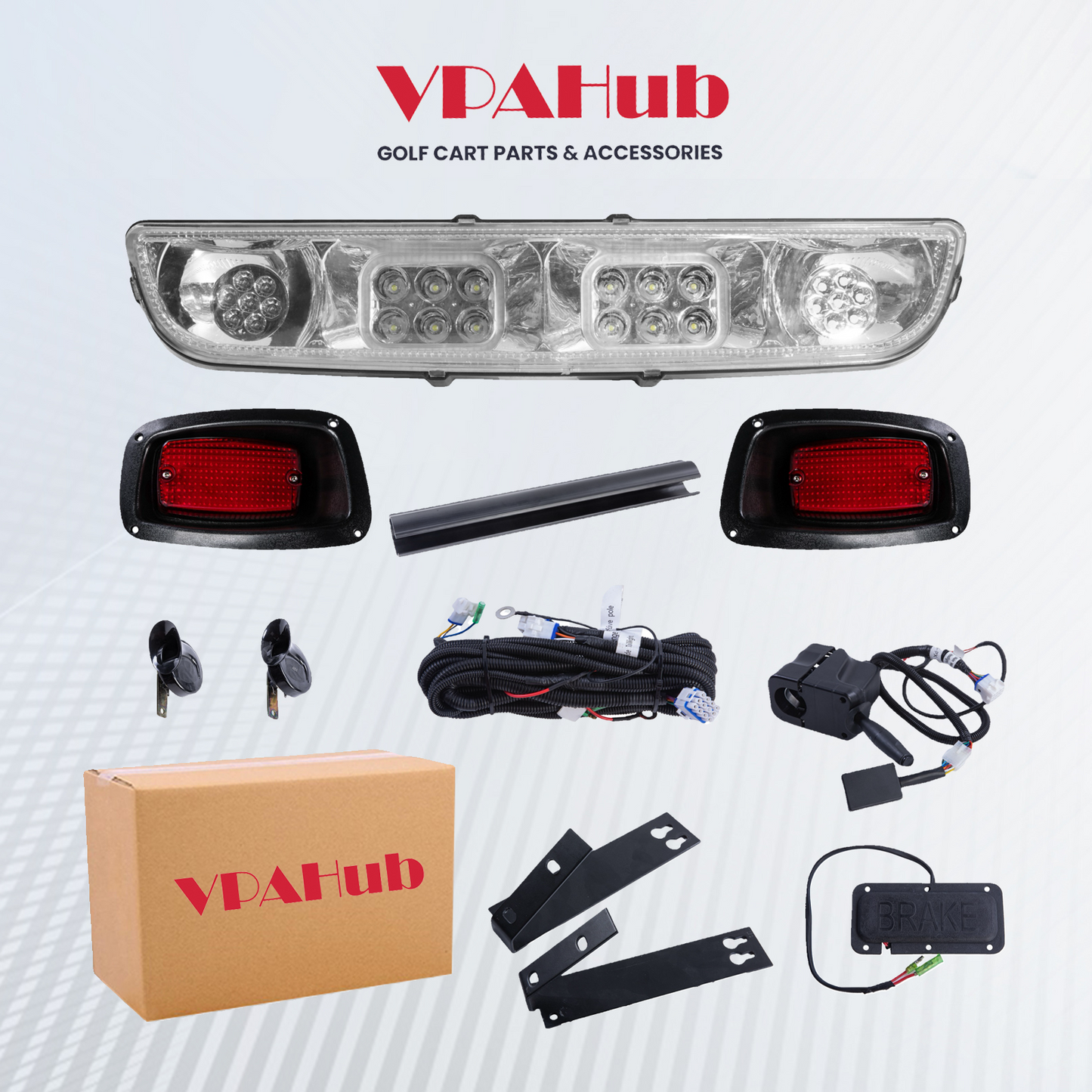 VPAHub EZGO TXT 1996-2013 LED Deluxe Light Bar Kit Street Legal 48V, High Low Beam Headlight with Daytime Running Lights, Taillights, Main wiring harness, Deluxe turn signal switch, Brake Pad, Horn