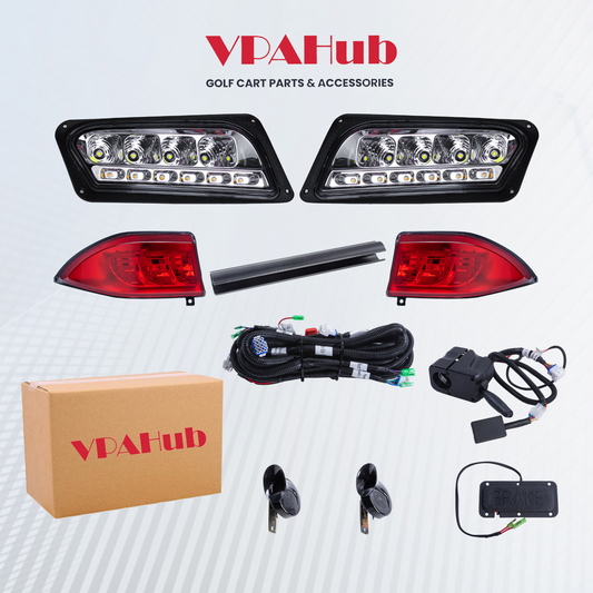VPAHub Club Car Tempo LED Street Legal Light Kit 48V, LED High Low Beam headlight (OEM style), taillight, Upgraded wiring harness, Deluxe turn signal switch, Steering wheel cover, Brake pad switch