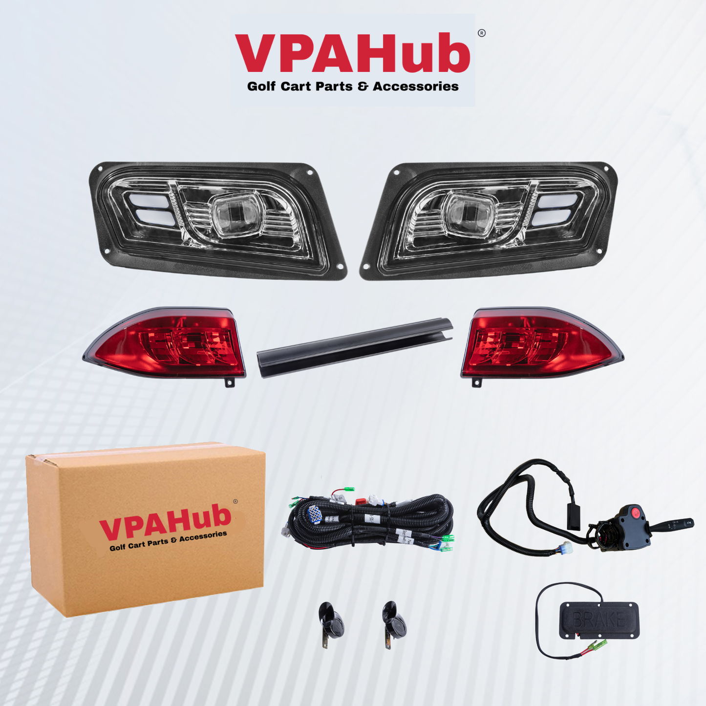 VPAHub Club Car Tempo LED Street Legal Light Kit 48V, LED High Low Beam headlight,LED taillight, Upgraded wiring harness, Deluxe turn signal switch, Horn, Steering wheel cover, Brake pad switch