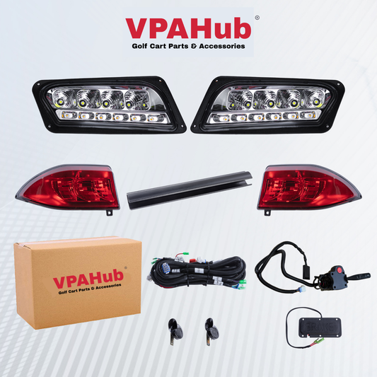 VPAHub Club Car Tempo LED Street Legal Light Kit 48V, LED High Low Beam headlight (OEM style), taillight, Upgraded wiring harness, Deluxe turn signal switch, Steering wheel cover, Brake pad switch