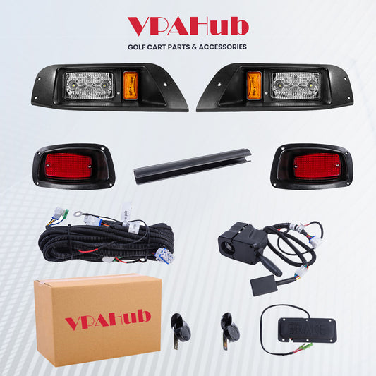 VPAHub EZGO TXT 1996-2013 LED Street Legal Light Kit 48V, LED High Low Beam headlight, LED taillight, Upgraded wiring harness, Deluxe turn signal switch, Horn, Steering wheel cover, Brake pad switch