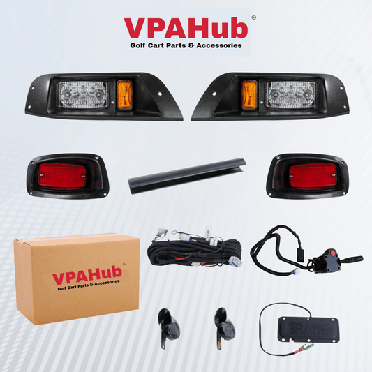 VPAHub EZGO TXT 1996-2013 LED Street Legal Light Kit 48V, LED High Low Beam headlight, LED taillight, Upgraded wiring harness, Deluxe turn signal switch, Horn, Steering wheel cover, Brake pad switch
