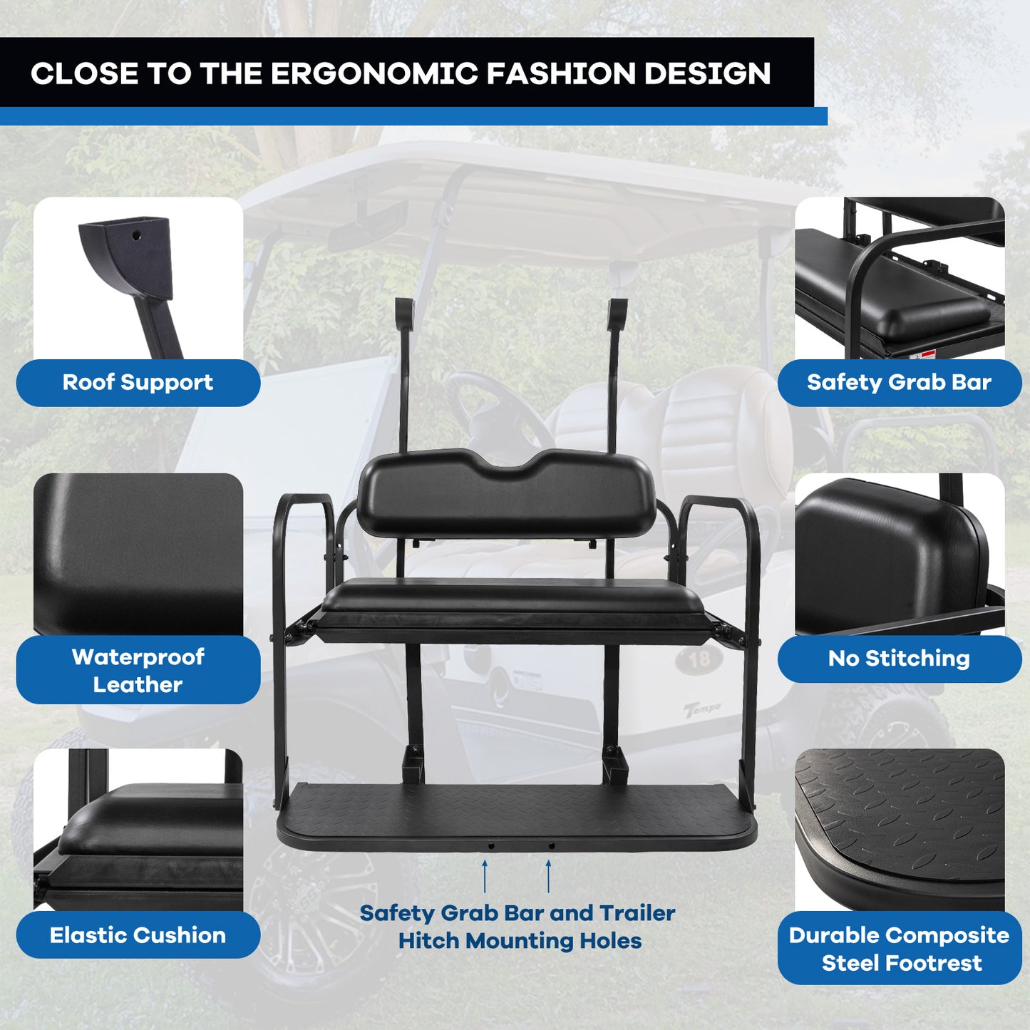 VPAHub Club Car Precedent/Tempo Flip Folding Black Seat Kit, Compatible with 2004-Up Gas or Electric Models, Black Cushions, Metal footrest